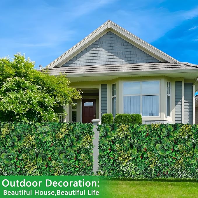 Yangrass Artificial Grass Wall Panels, 20''x20'' 8pcs Boxwood Wall Panels with Tropical Leaves, Faux Greenery Privacy Fence Screen, Grass Backdrop for Outdoor Indoor Garden Birthday Wedding Decor