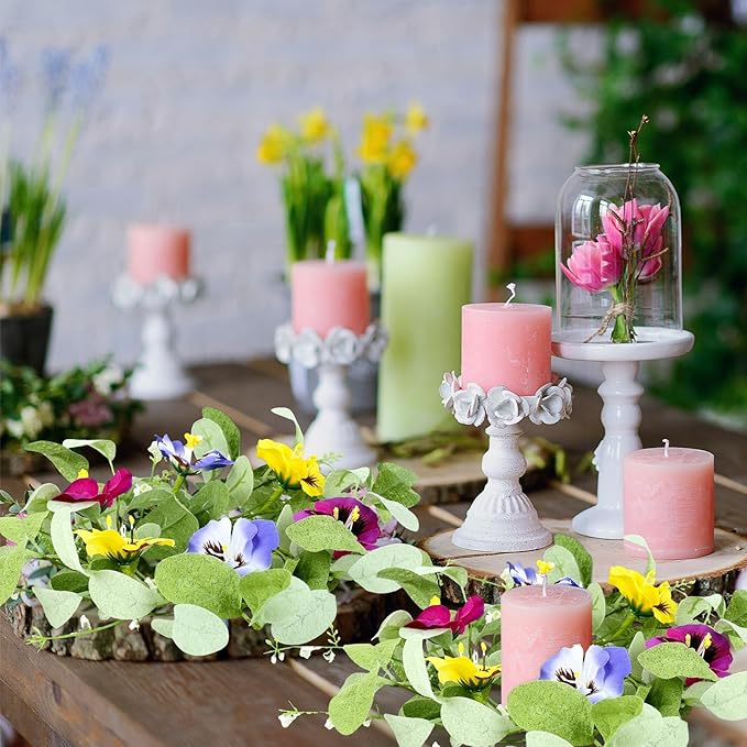 4 PCS Mini Spring Summer Kitchen Cabinet Wreaths Small Pansy Flowers Wreath for Front Door with Fern Branches Ribbon Small Flocked Lamb Ear Leaves Wreath for Indoor Outdoor Farmhouse Porch Wall Decor