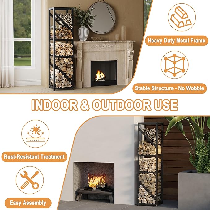 47 Inch Tall Indoor Firewood Rack Outdoor, 5-Tier Functional Fireplace Log Holder, Heavy Duty Metal Firewood Storage Rack, Decorative Log Organizer, Anti-Rust Coating, Adjustable Pads