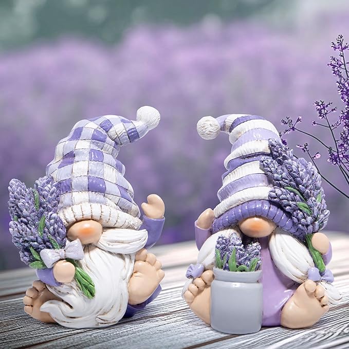 Hodao Set of 2 Lavender Gnome Figurines - Indoor Resin Decor for Home Shelf, Tiered Tray | Spring & All-Season Decoration
