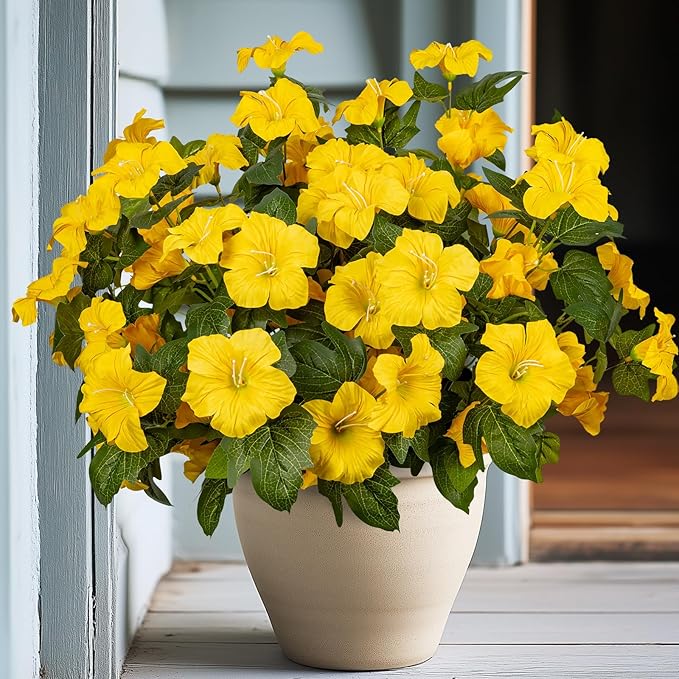 Brlita 19 Inch Artificial Fake Flowers for Outdoor,4 Pcs Faux Silk Petunias Spring Flowers for Outside for Indoor Porch Planter Front Door Garden Patio Window Box Home Decor(Yellow)