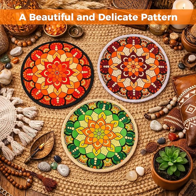 6 Pieces 7.87“ Boho Round Rubber Plant Coasters Absorbent Fabric Mats, No Smell,Non Slip Protects Surfaces, Fast Drying, for Indoor & Outdoor Plants or Pots.