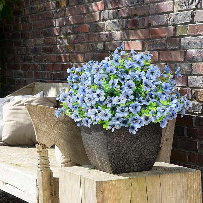 ATTGREAT Artificial Flowers Outdoor Faux Plants UV Resistant Fake Patio Flowers Plastic Greenery Plnats Outside Bulk for Spring Garden Hanging Planter Home Vase Decor, 12 Bundles (Blue)