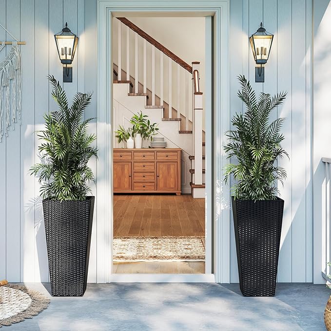 Giantex Set of 2 Outdoor Wicker Flower Pot, 30 Inch Tall Planters with Drainage System, PE Rattan Flower Pots, Indoor Outdoor Decoration for Front Porch Balcony Entryway
