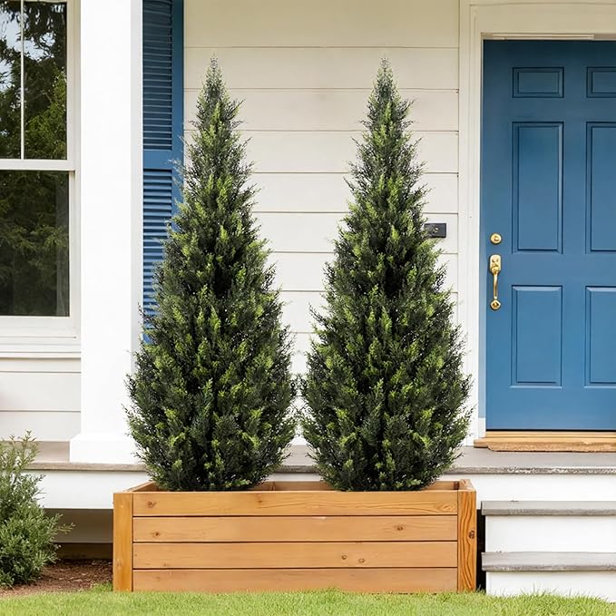 ZEEOZE 5FT Artificial Cedar Topiary Trees (2 Pack) - UV Resistant Faux Evergreen Shrubs Extra Dense Foliage Realistic Fake Pine Cypress Plants Easy Assembly for Front Porch Garden Indoor Office Decor