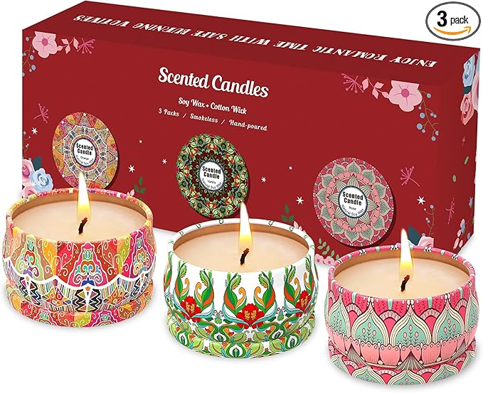 Scented Candles Gift Set, 3 Pack Candles for Home Scented, Long Lasting Soy Wax Aromatherapy Candle Set, Gifts for Women with Gift Box, Baby Shower Prizes (Rose.Vanilla.Orange)