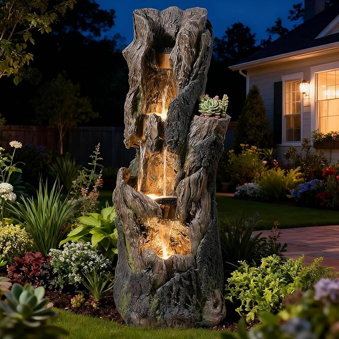 Water Fountain Outdoor 4 Tier Large 43.7 in High Cascading Wood Waterfall with LED Lights, Realistic Tree Sculpting Natural Waterfall Outdoor Fountain for Yard, Garden, Patio, Porch