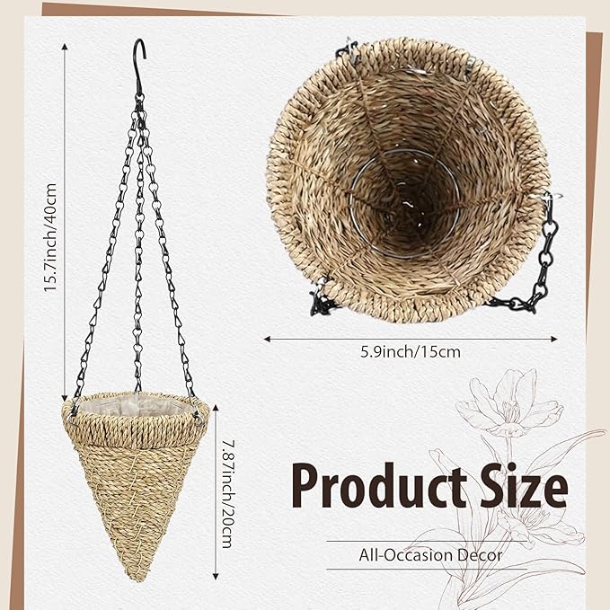 4 Pcs Hanging Plant Flower Basket for Outdoor Spring Decoration, 7.87 Inches Black Iron Chain Wicker Woven Conical Artificial Flower Hanging Basket, Plants Not Included (Brown)
