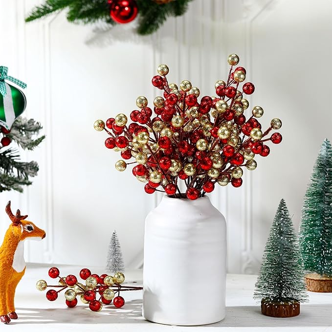 24 Pcs Christmas Glitter Berries Stems, 8.8" H Artificial Christmas Picks for Christmas Tree Ornaments, Holiday Wreath DIY Crafts, Xmas and Home Decor (Red, Gold)