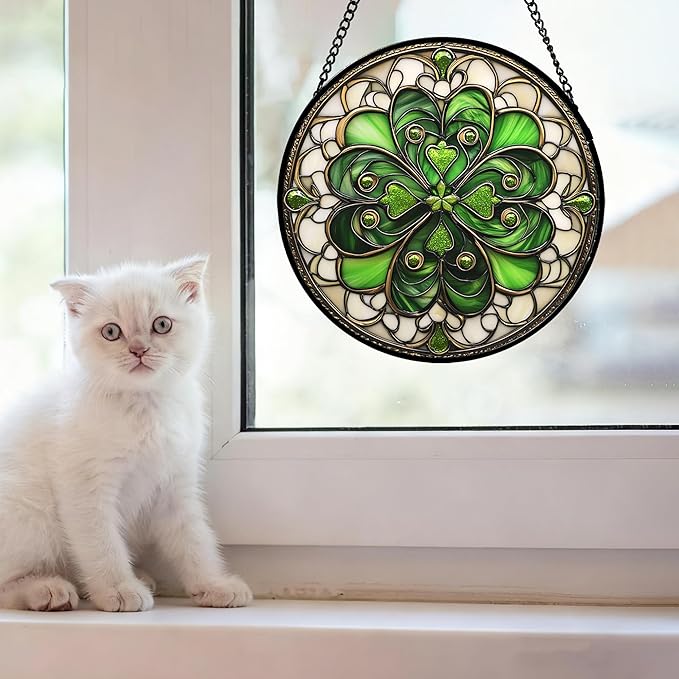 Stained Glass Window Hanging St. Ripak Festival Green Lucky Clover 9.8" - Suncatcher Door Garden Sun Catcher Ireland Decor Mother's Day for Mom Woman Her Men Sisters