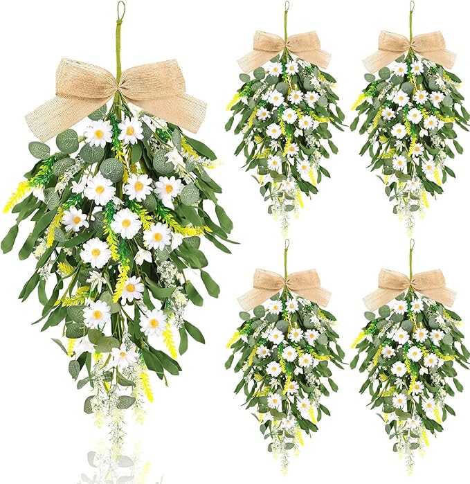 4 Pcs 24" Artificial White Daisy Teardrop Wreath Swag Spring Summer White Floral Hanging Swags Wreath for Kitchen Cabinet Doors Window Wall Wedding Party Home Decor