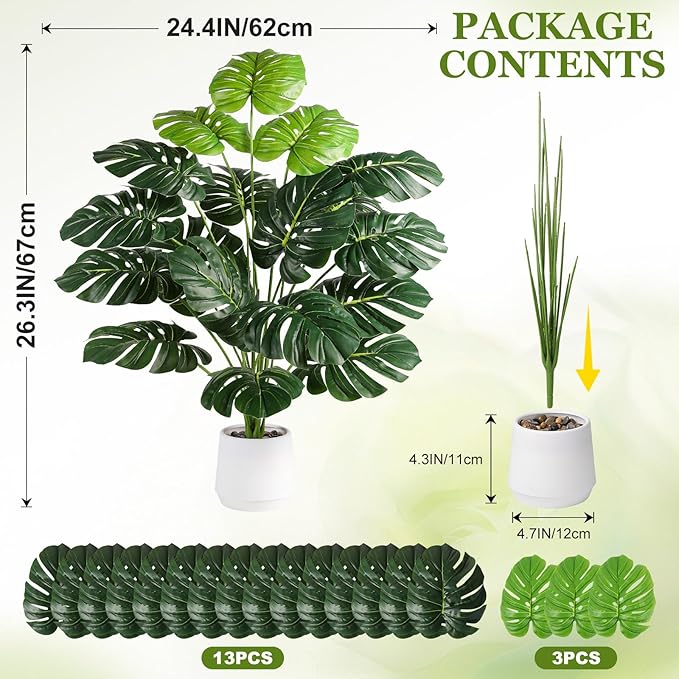 28'' Fake Plants Large Artificial Monstera Faux Plants Indoor Tall Plant, with White Planter Ideal, for Home Living Rooms, Patios, Porches, Bathrooms, and Outdoor Decor