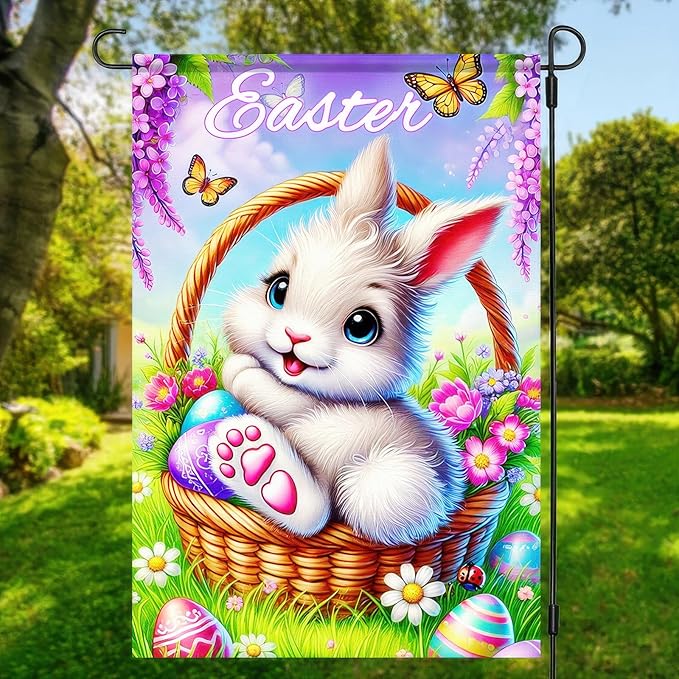 Happy Easter Bunny Garden Flag Double Sided 12 x 18 Inch Easter Egg Rabbit Easter Garden Flag Yard Flag Outdoor Flag Seasonal Decors for Spring Farmhouse Holiday Outside Decorative Banner