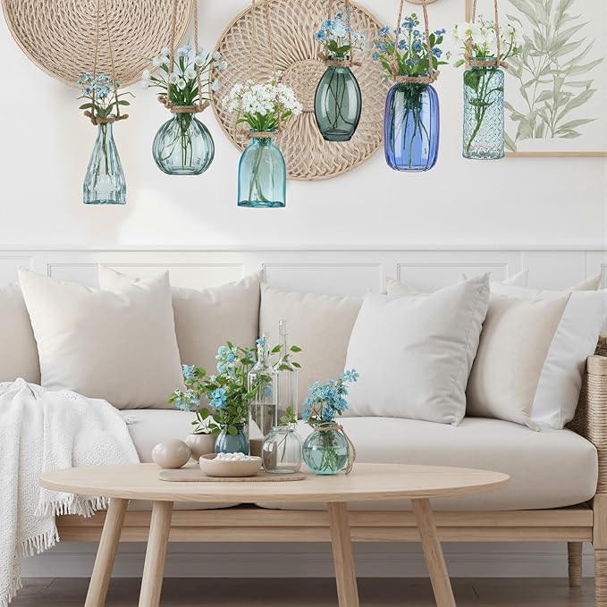 Teecyhooo 6 Pcs Stained Glass Hanging Vases Colorful Glass Terrariums with Rope Small Hanging Planters Pot Containers for Air Plants Flowers Garden Home Wedding Decor(Blue Series)