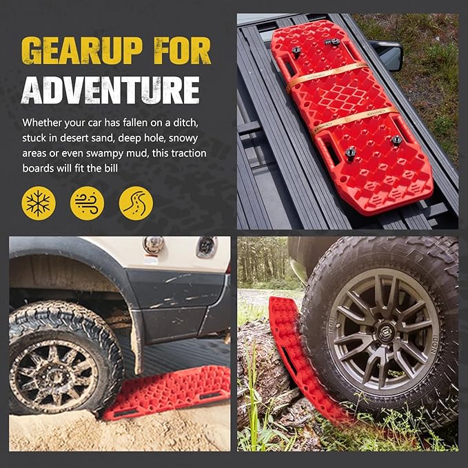BUNKER INDUST Gen 7th Traction Boards with Mounting Kit, Pair Offroad Recovery Tracks with Jack Base for 4X4 Jeep Truck Tire Traction-Sand,Mud, Snow Ramps (Red)