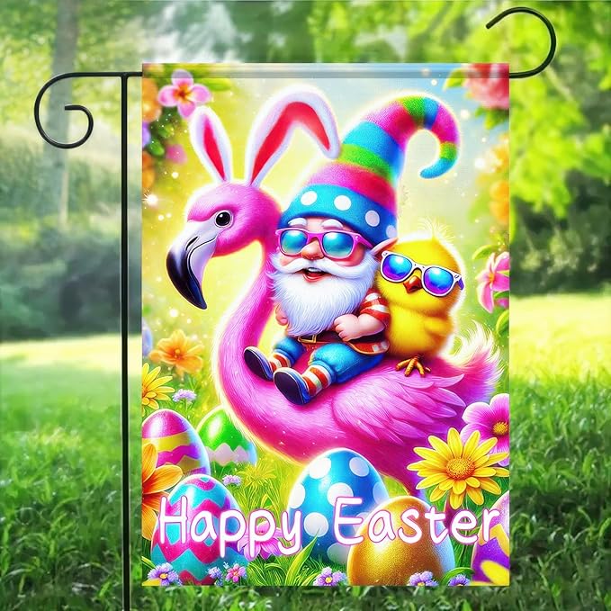 Happy Easter Garden Flag 12x18 Inch Double Sided Gnome Flamingo Chick Design with Easter Egg Small Outdoor Yard Flag Colorful Easter Banner for Porch Lawn Patio Spring Decor