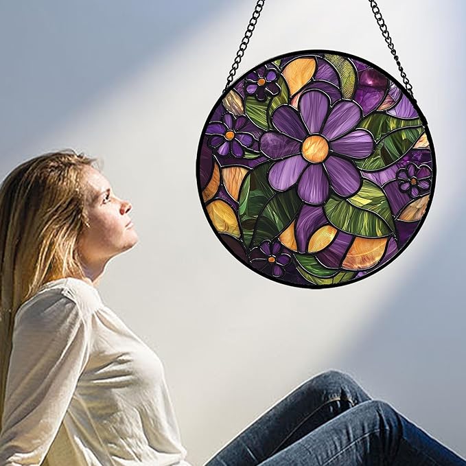 AMDERVEN Stained Glass Window Hanging, Purple Green Flowers Sun Catcher for Door Home Decor Plants Suncatcher Christmas Mother's Day Birthday Gifts for Women Men Mom and Nana 6.3 in