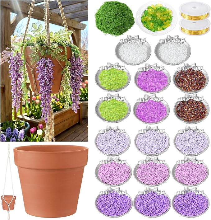 Potchen 13155 Pcs DIY Wisteria Beaded and 5 Inch Clay Pot Planter Set, Glass Beads Plant Making Kit with Artificial Moss Hanging Rope Purple Nature Series Colorful Crystal Leaf Jewelry for Craft