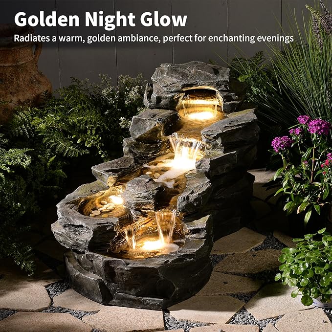 37" L Garden Outdoor Water Fountain, Floor Standing 5-Tiers Rock Natural Waterfall Outdoor Fountains with LED Lights for Patio, Porch, Home Art Decor