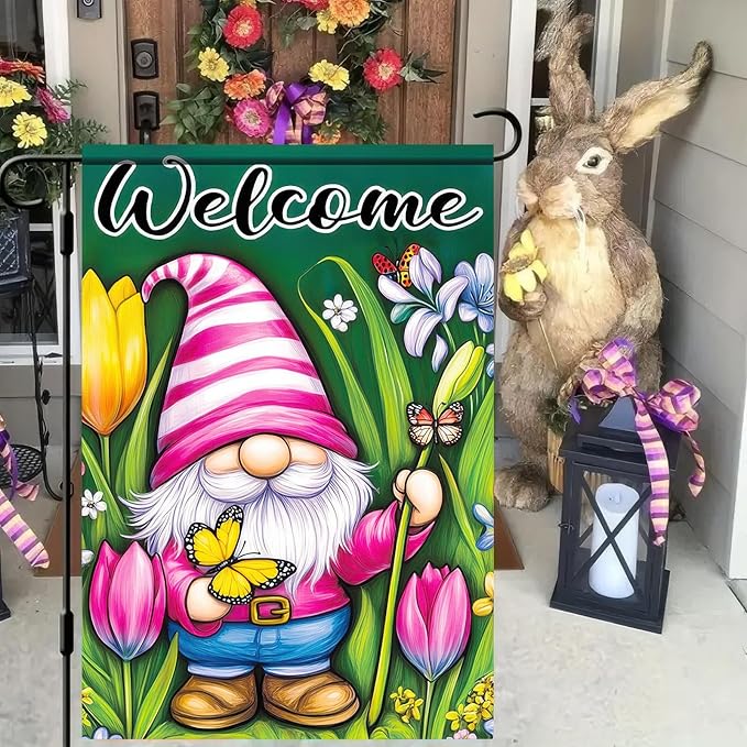Spring Garden Flag 12x18 Inch Double Sided Cute Gnome Butterfly Outside Holiday Yard Welcome Spring Yard Flags Seasonal Decorations of Turmeric Flowers Outside Holiday Farmhouse Flag
