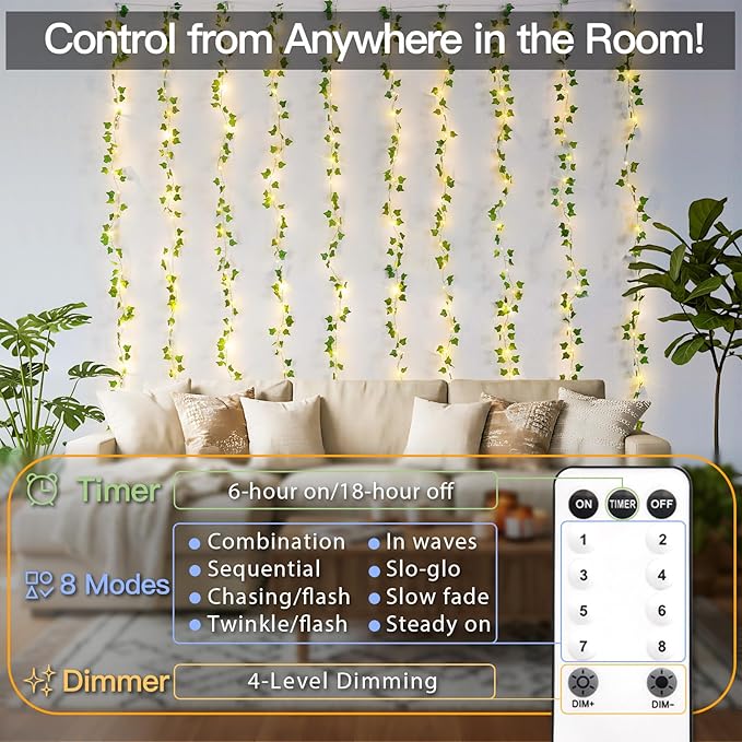 suddus 300 LED Vines with Lights Plug in, 9.8ft x 9.8ft Fairy Lights with Vines, Ivy Curtain Lights for Wall, Bedroom, Dorm, Wedding, Party, Indoor, Outdoor Decor(Warm White)