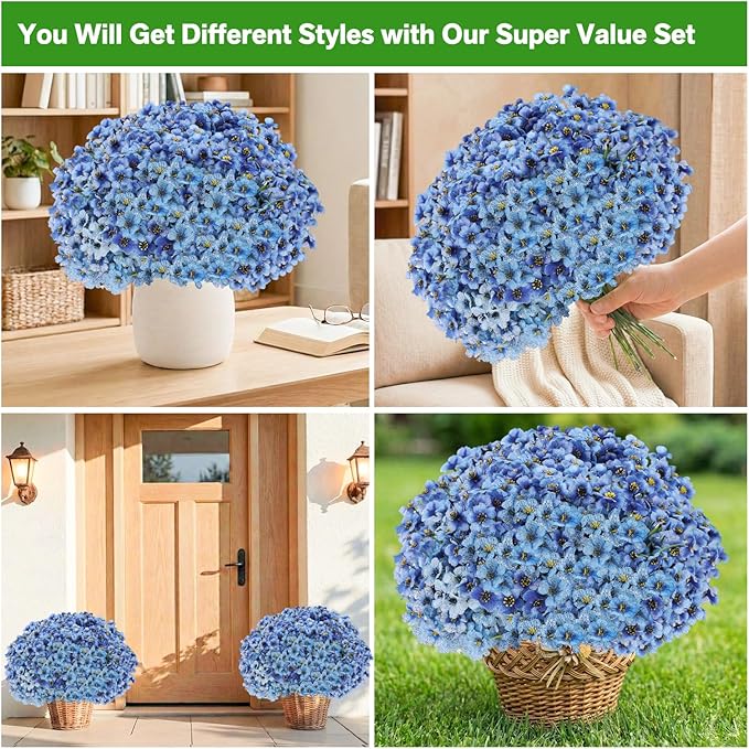 22 Pack Artificial Flowers Outdoor, Faux Flowers UV Resistant with Plastic Plants, Faux Silk Flowers for Outdoors Outside Front Porch Hanging Planter Window Box Garden Decoration(Blue)