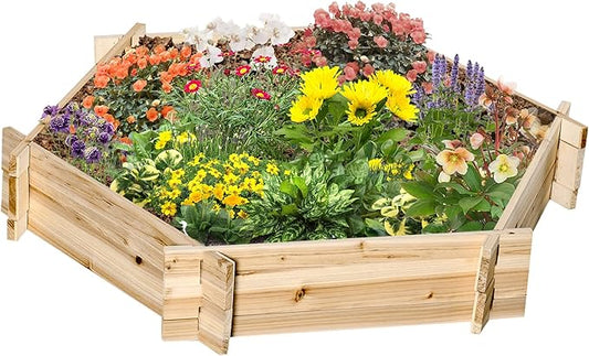 Outsunny Wooden Raised Garden Bed, Hexagon Screwless Outdoor Planter Box Plants, Vegetables, Flowers, Herbs, 39" x 36" x 6", Natural Wood