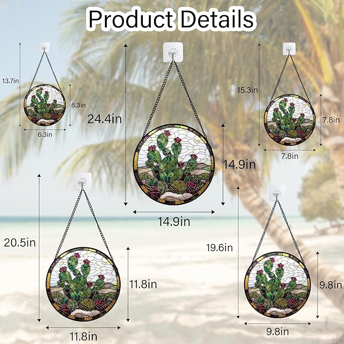Stained Glass Window Hanging,Green Cactus Purple Flowers Suncatcher Diamond Glass Panel Sun Catchers Decor for Birthday for Women, Men, Wife, Aunt, and Mom 14.9x14.9 in