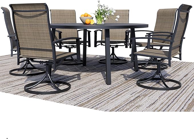 7 Pieces Outdoor Table and Chairs for 6, 47" Black Round Table with 6 Mocha Swivel Chairs, Patio Set with Swivel Chair, Garden Tables for Outdoor, Patio Dining Set for Lawn Backyard Poolside
