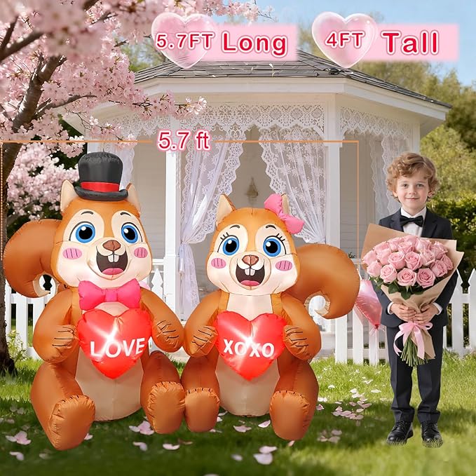 Valentines Day Inflatables Outdoor Decorations 5.6FT Long Squirrel Hold Love Valentines Blow Up Yard Decorations Spring Inflatable Built-in LED Lights Outside Holiday Party Garden Lawn Decor