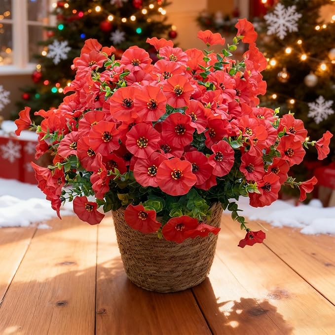 VDVST Artificial Flowers for Outdoors,UV Resistant Artificial Outdoor Flowers,Not-Fading Faux Flowers for Outdoor Planters for Front Door Porch Yard Patio Garden Home Decor,12 Bundles,Red