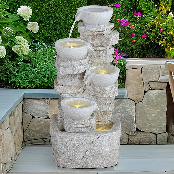 Qingyinge 27' H Modern Outdoor Fountain Resin Outdoor Garden Fountains with Contemporary Design LED Light for Garden, Patio, Deck, Porch, Backyard and Home Art Decor