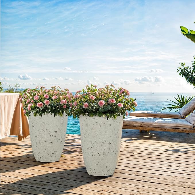 Ultym 19.5"H Resin Tall Planters for Outdoor Indoor Use, 2-Pack Large Flower Pots, Weather-Resistant Plant Container for Garden Yard Porch or Home Décor, Handcrafted Birch Bark Texture, Country White