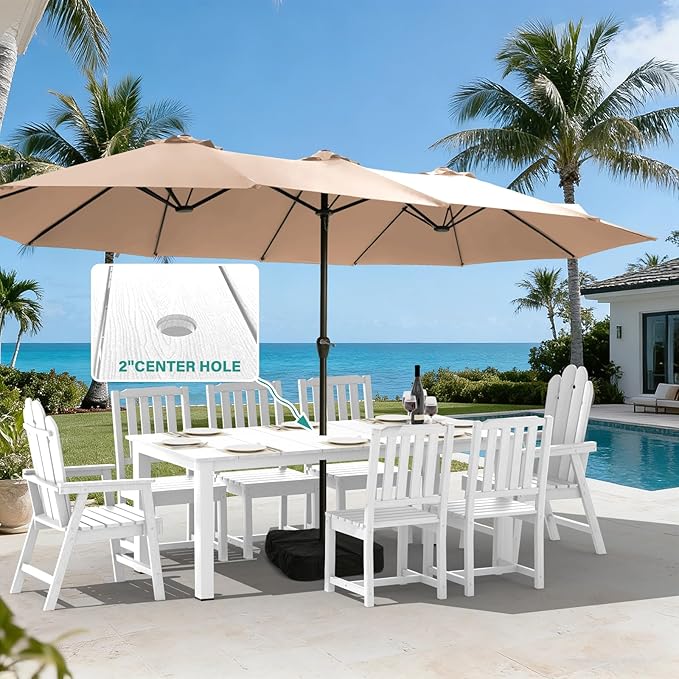 9-Piece Patio Dining Set, Outdoor Dining Set for 8, HDPE All-Weather Outdoor Furniture with 75.20” Umbrella Hole Table, 2 Armchairs & 6 Armless Chairs, White