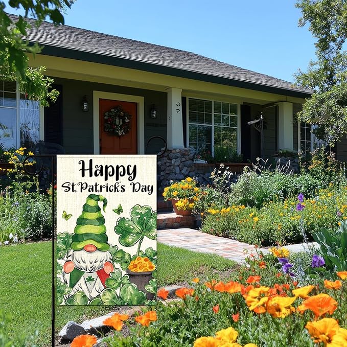 Happy St Patricks Day Garden Flag 12x18 Inch Double Sided,Gnome Shamrocks Outdoor Irish Decor House Porch Flag for St Patrick's Day Party and Yard Decorations