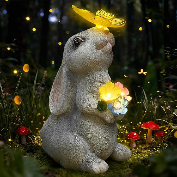 Solar Garden Statue Outdoor Decor, Rabbit Figurine with Butterfly LED Lights, Bunny Statue for Garden, Yard Decor, Lawn Ornament, Housewarming Birthday Gift for Women Mom Grandma