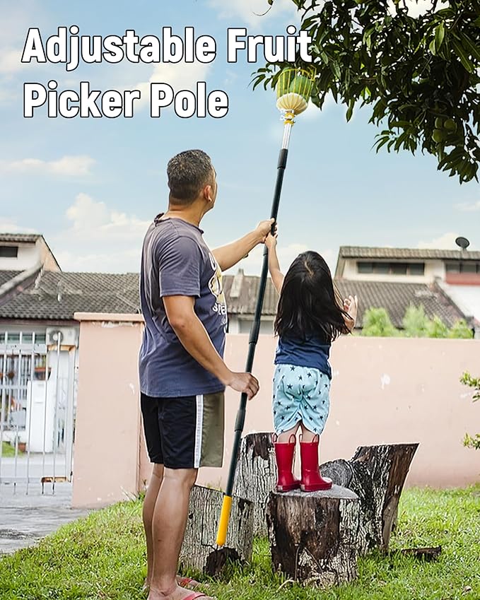 9FT Fruit Picker with Basket, Apple Picking Tool 35–105 Inch Adjustable Pole, Long-Handle Mango Grabber, Tree Fruit Catcher for Harvesting Lemon Pear Orange Avocado Peach Citrus Grapefruit