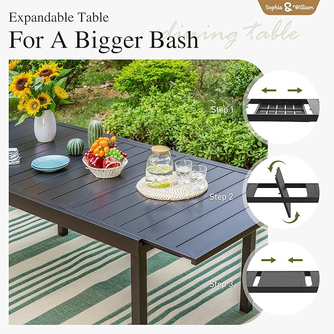 Sophia & William Patio Table and Chairs Set, Outdoor Dining Set for 8, 9 Piece Metal Patio Furniture, 99" Expandable Black Rectangular Table(Geometry)