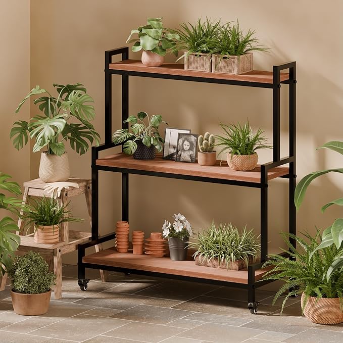 YCCO Rustic Plant Stand with Wheels 37“ H, Rolling Plant Shelves Rack Indoor Outdoor,Metal Plant Stand with Solid Wood for Multiple Plants,Industrial Ladder Plant Flower Shelf for Garden,Living Room,Brown