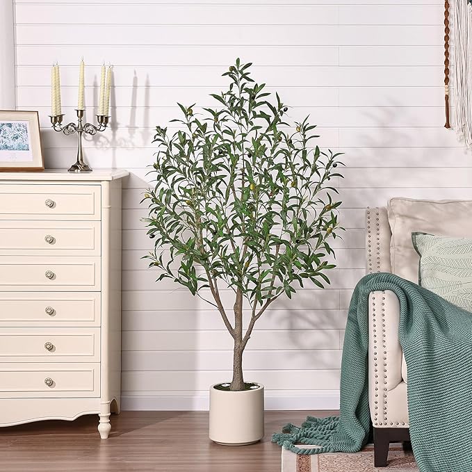 Verinatural Olive Trees Artificial Indoor 5FT - Realistic Fake Plants with Remote LED Spotlights, White Planter - Faux Olive Tree for Home Living Room Office Floor Bedroom Decor,VN214