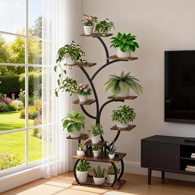 VINGLI 61" Tall Plant Stand with Grow Light, 10-Tier Indoor Plant Shelf with LED Light Strips, Tree-Shaped Metal Rack for Indoor Growing, Black