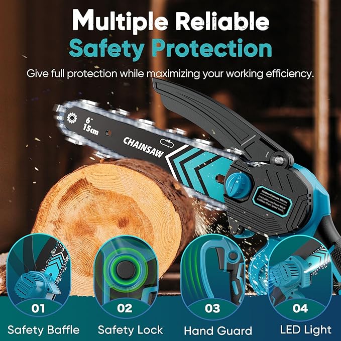 Chainsaw 6-Inch 2 Pack 2000mAh Battery Hand Mini Chain Saw Birthday Christmas Gifts for Men Portable Cordless for Wood Cutting Tree Trimming Projects Gardening Tools (Blue-2 Battery)
