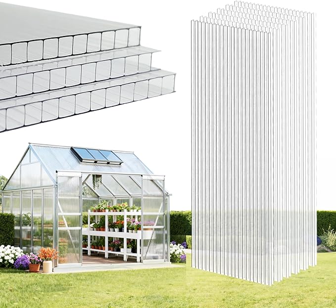6 Pcs Polycarbonate Greenhouse Panels, 8'FT x 3.5'FT x 0.24" in Twin-Wall Polycarbonate Sheet, All-Season UV Protected Plastic Roof Sheeting for Greenhouse Covering/Outdoor Garden