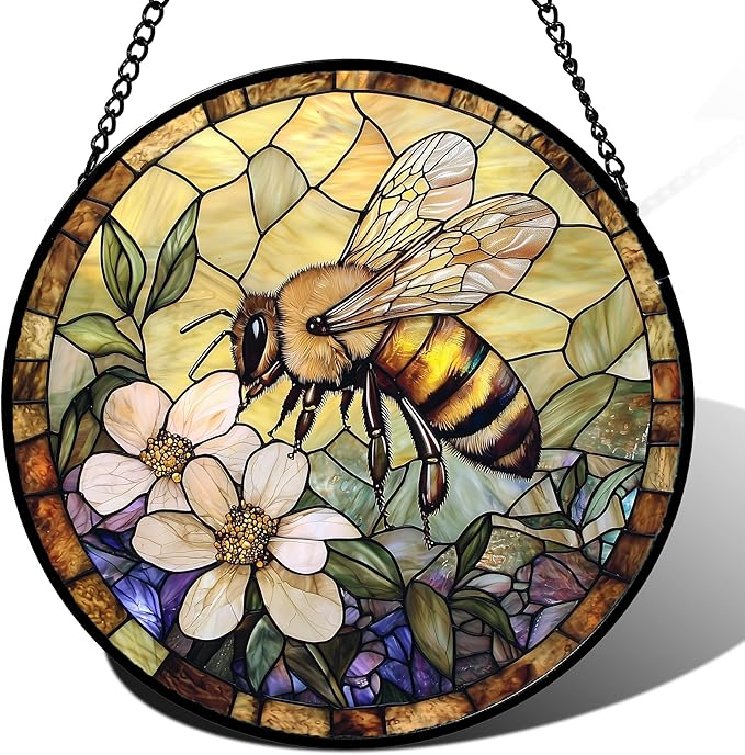 AMDERVEN Stained Glass Window Hanging, Vintage Bee Yellow Flower Sun Catcher for Window Door Home Decor Suncatcher Christmas Mother's Day Birthday Gifts for Women Men Mom and Nana 7.8 in