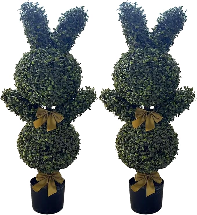 BLONYUVC 36'' Artificial Bunny-Shaped Topiary Double Ball Tree Pot UV-Resistant Bowknot Faux Boxwood Topiaries Plant for Porch Decor Outdoor/Indoor 2 Pack