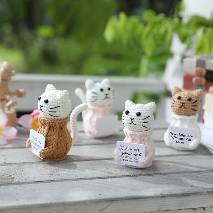 YOOJEE Positive Crochet Animals Cat – “Never Forget The Difference You Make” Valentines Day Inspirational Thank-You and Appreciation Gift for Women Teacher Mom Friend Coworker Mini Crochet Desk Decor