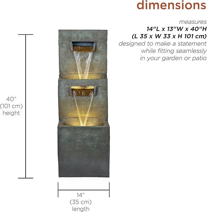 Alpine Corporation 40" Tall Two-Tier Modern Polystone Floor Fountain with Warm White LED Lightsl, Gray