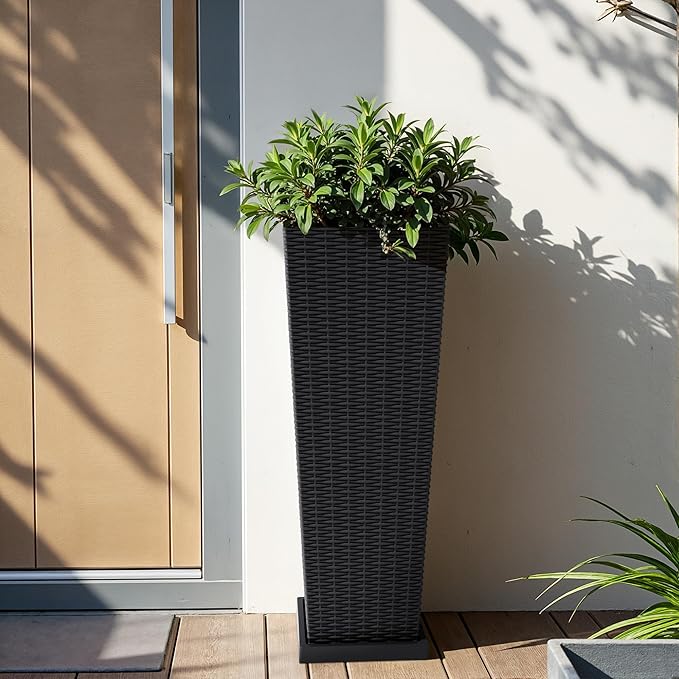Flamaker Set of 2 Resin Rattan Planters with Tray for Indoor Outdoor, 32'' Tall Flower Pots with Drainage Holes&Inner Pot, Tapered Planters for Garden, Patio, Porch (Black, Large)