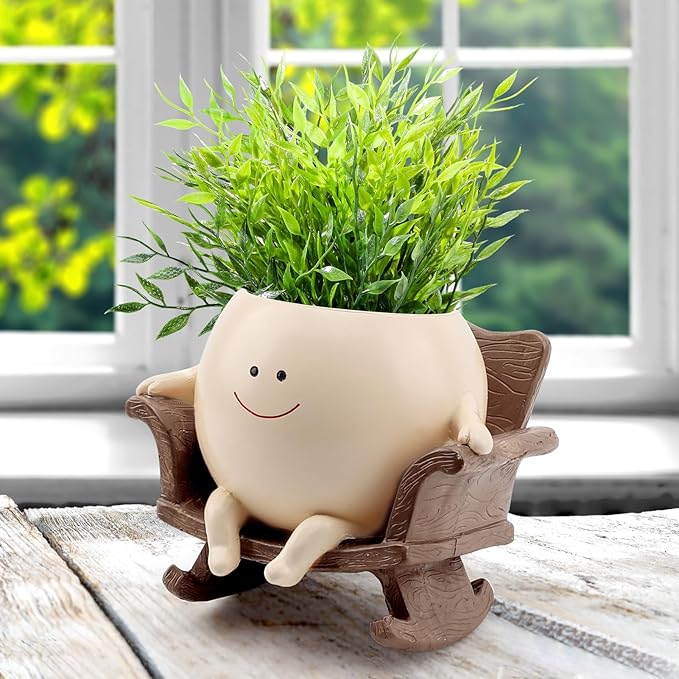 KIUGCO Cute Resin Flower Head Planters, Smily Face Planter Pots for Indoor Plants, Sit Rocking Chair Succulent Flower Pots with Drainage Hole, Gift IdeaI for Birthday