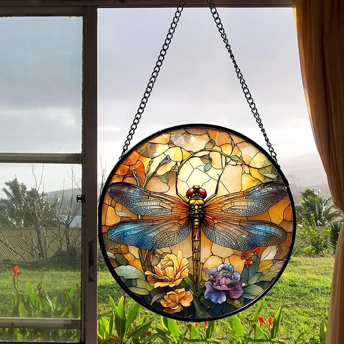 HWRHTR Stained Glass Window Hanging - Orange Blue Dragonfly Flower Suncatcher for Doors Window Home Sun Catchers Decor Christmas Mother's Day Birthday Outdoor Gifts for Women Men Mom Nana 7.8 in